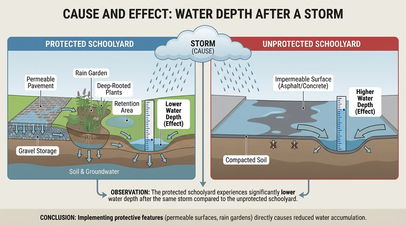 Chart showing lower water depth in a protected schoolyard than in an unprotected schoolyard after the same storm