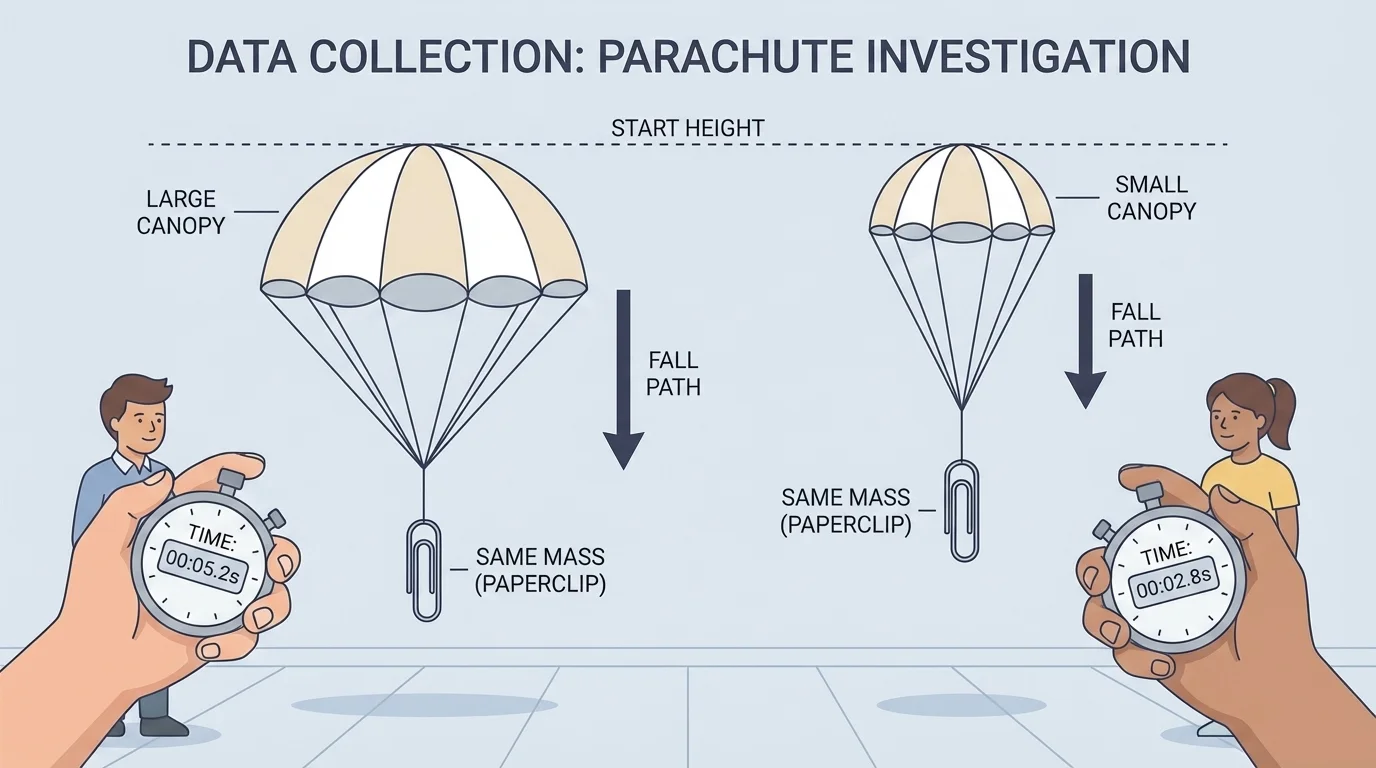 two paper parachutes with different canopy sizes, each carrying the same paperclip mass, dropped from the same height while students time the fall