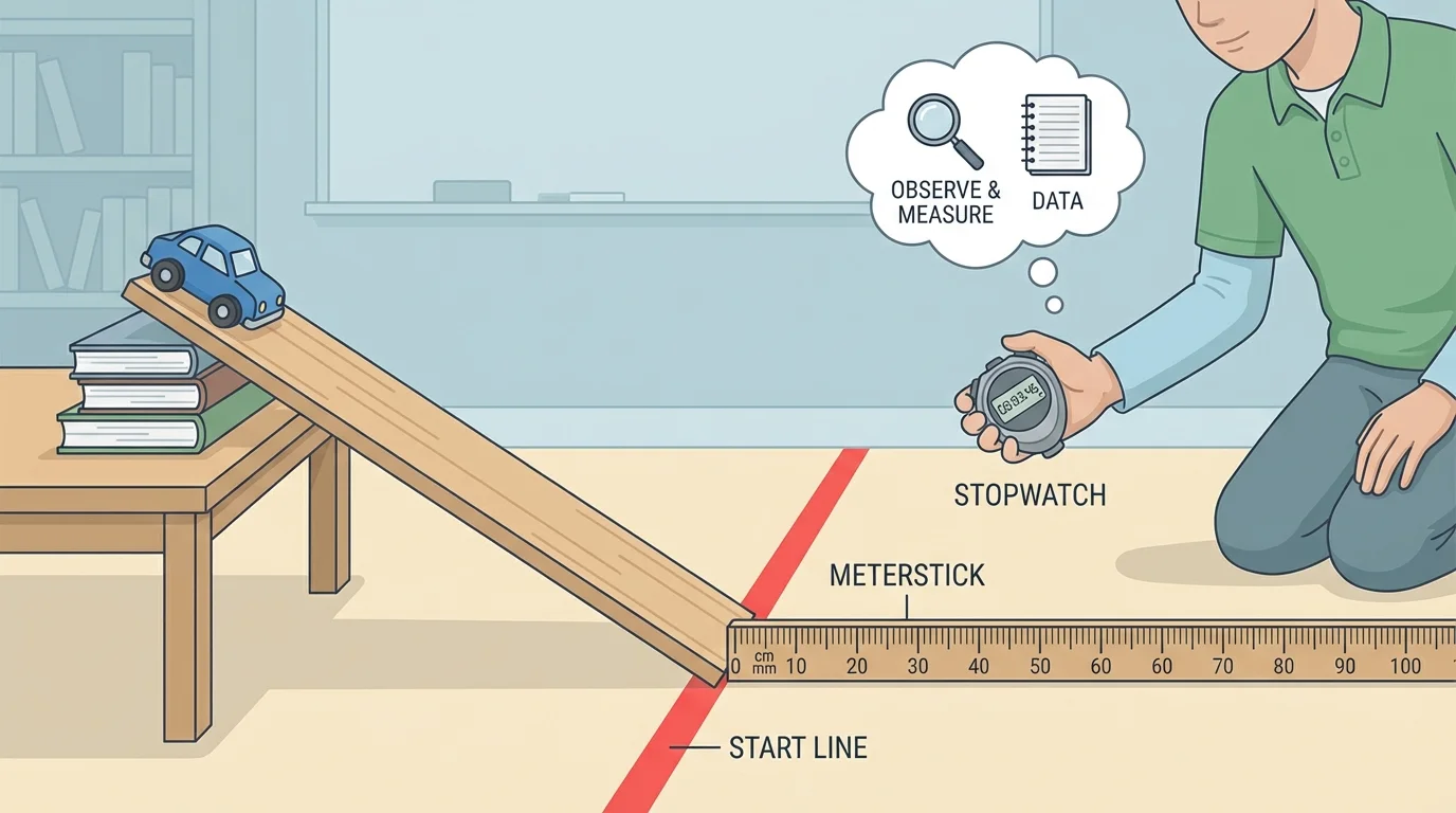 classroom setup with a toy car at the top of a ramp, a ruler or meterstick along the floor, a start line, and a student using a stopwatch