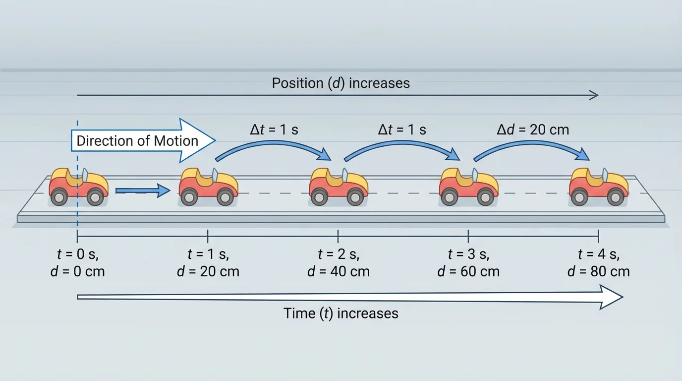 toy car moving along a straight track with marked positions at equal time intervals, arrows showing direction, and simple labels for time points