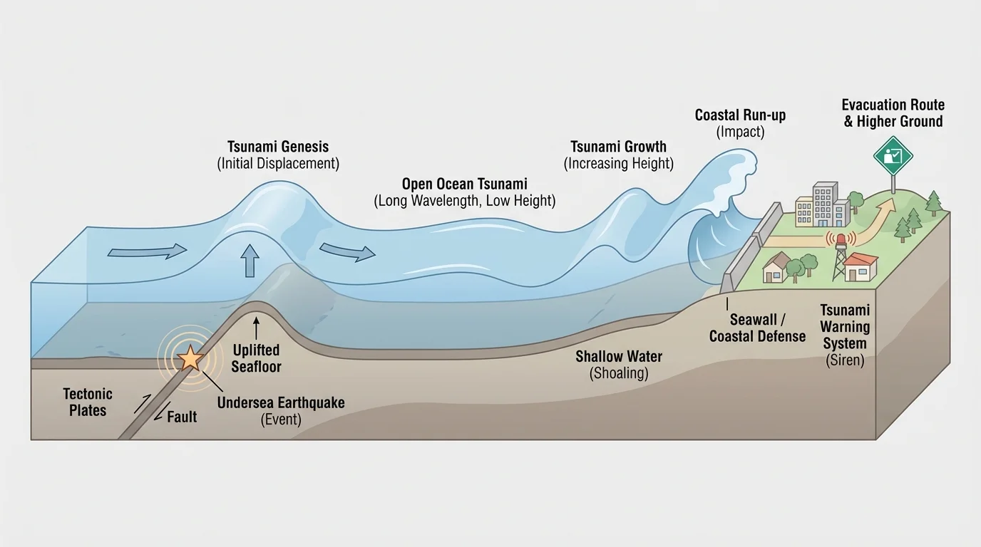 cross-section of ocean floor with an undersea earthquake lifting the seafloor, water displaced upward, and tsunami waves growing taller near the coast