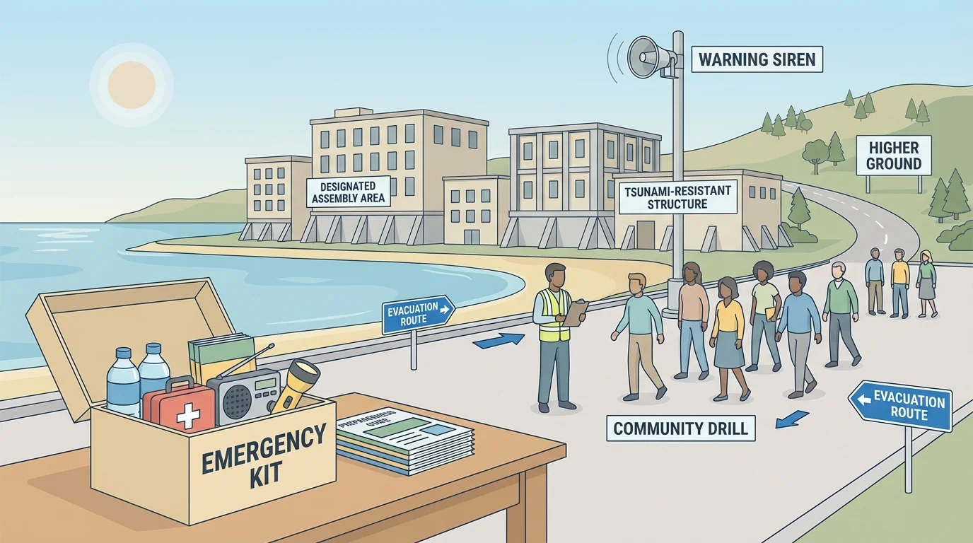 coastal town with evacuation route signs, warning siren, sturdy buildings, emergency kit on a table, and people practicing a community drill