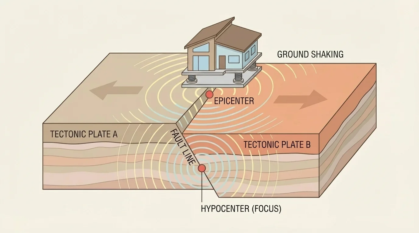 labeled diagram of two tectonic plates sliding at a fault, with ground shaking at the surface and a house above