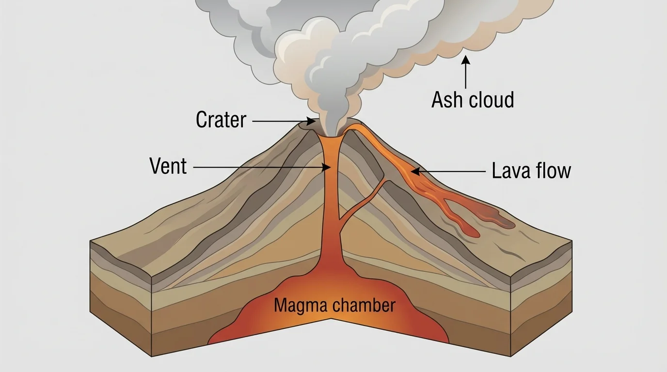 cutaway diagram of a volcano labeled magma chamber, vent, crater, ash cloud, and lava flow down the side