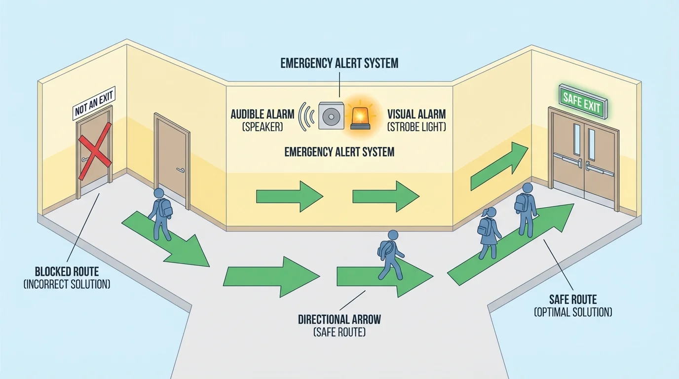 School emergency alert system with speaker, flashing light, hallway arrows, and students moving toward safe exit routes