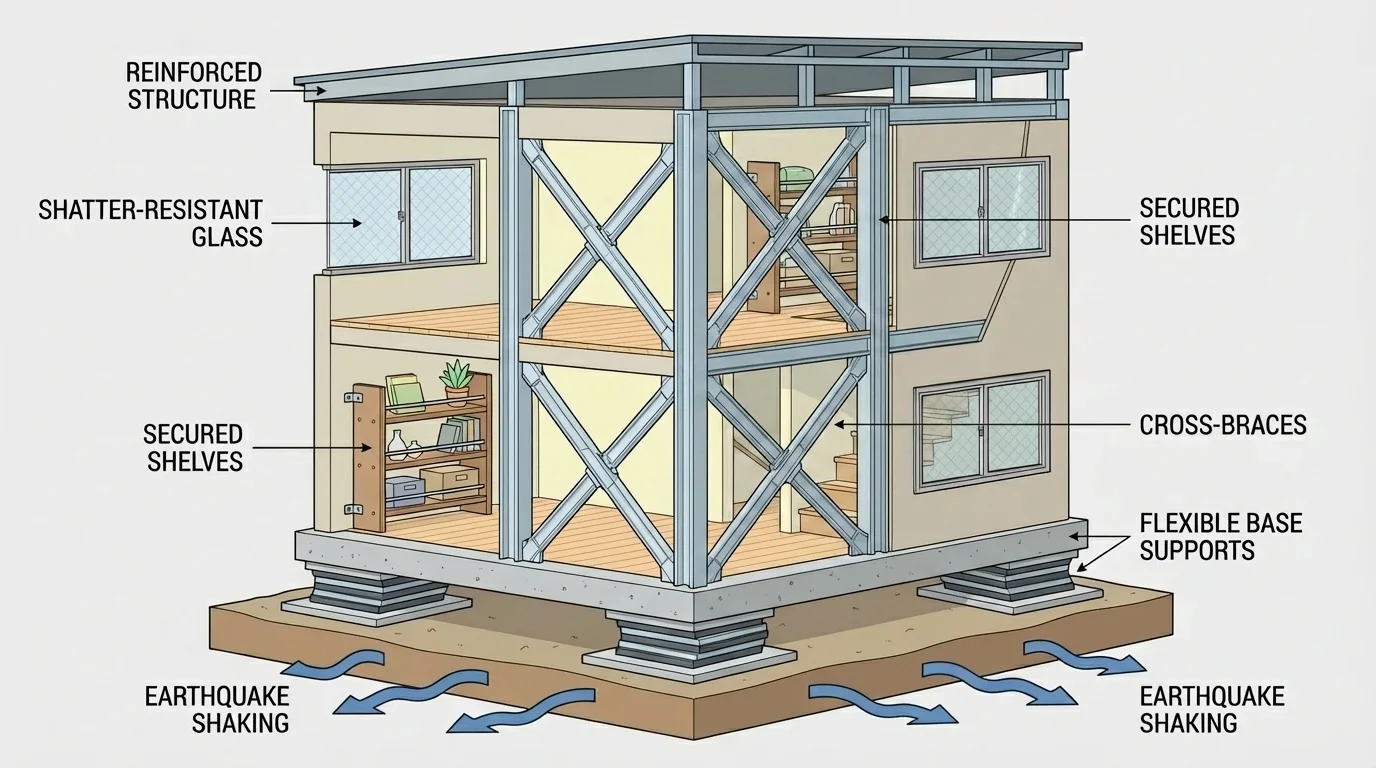 Cutaway of a small earthquake-safe building with cross-braces, flexible base supports, secured shelves, and arrows showing shaking