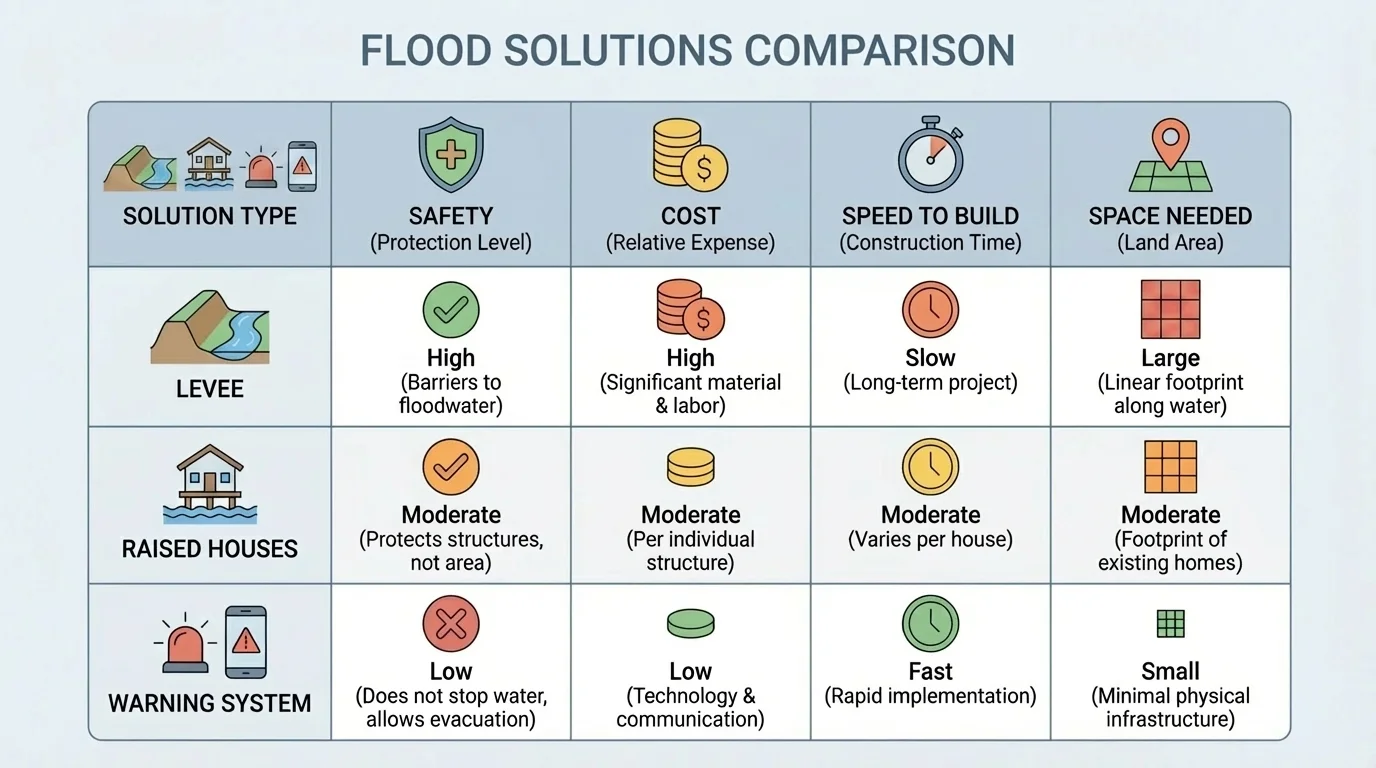 Comparison chart with rows for levee, raised houses, and warning system, and columns for safety, cost, speed to build, and space needed