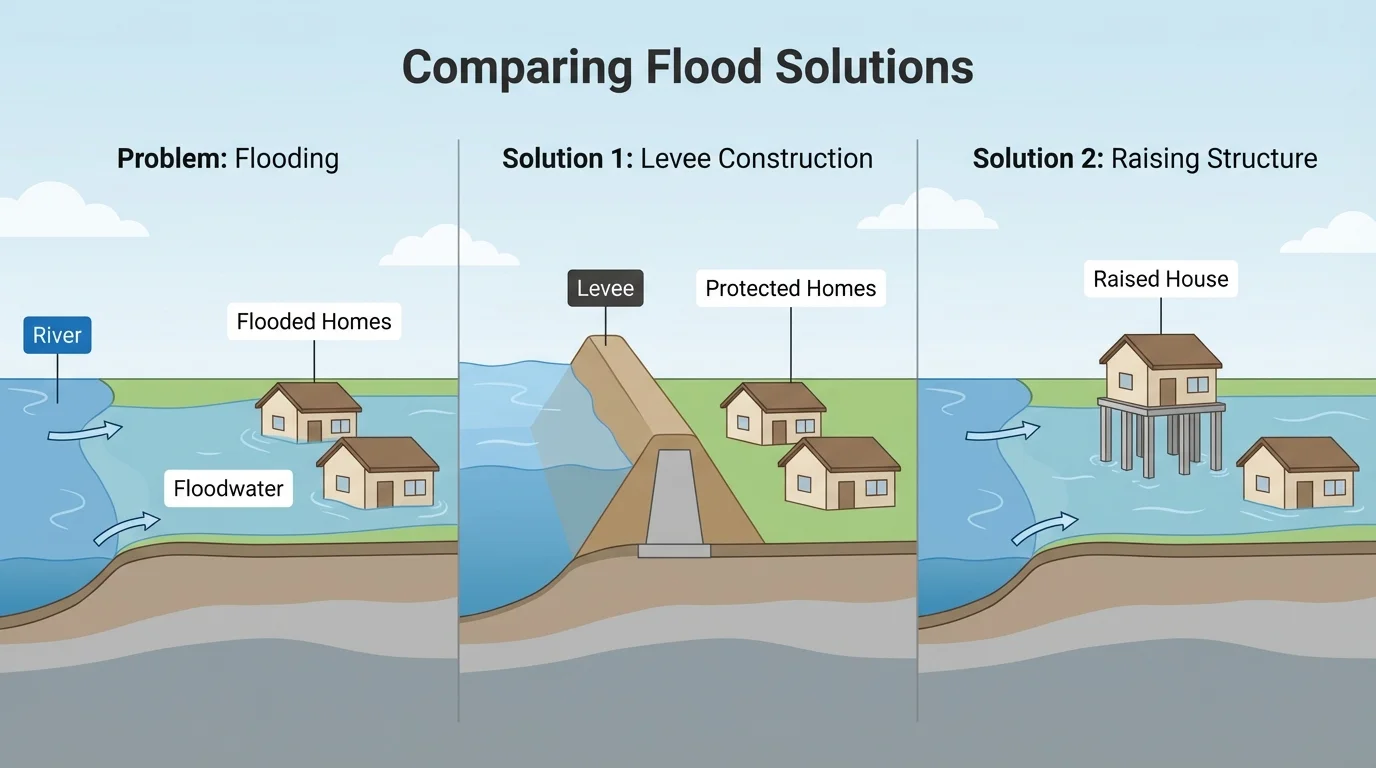 Riverside neighborhood with river, floodwater spreading onto low land, homes near the water, a levee location, and a raised house location labeled simply