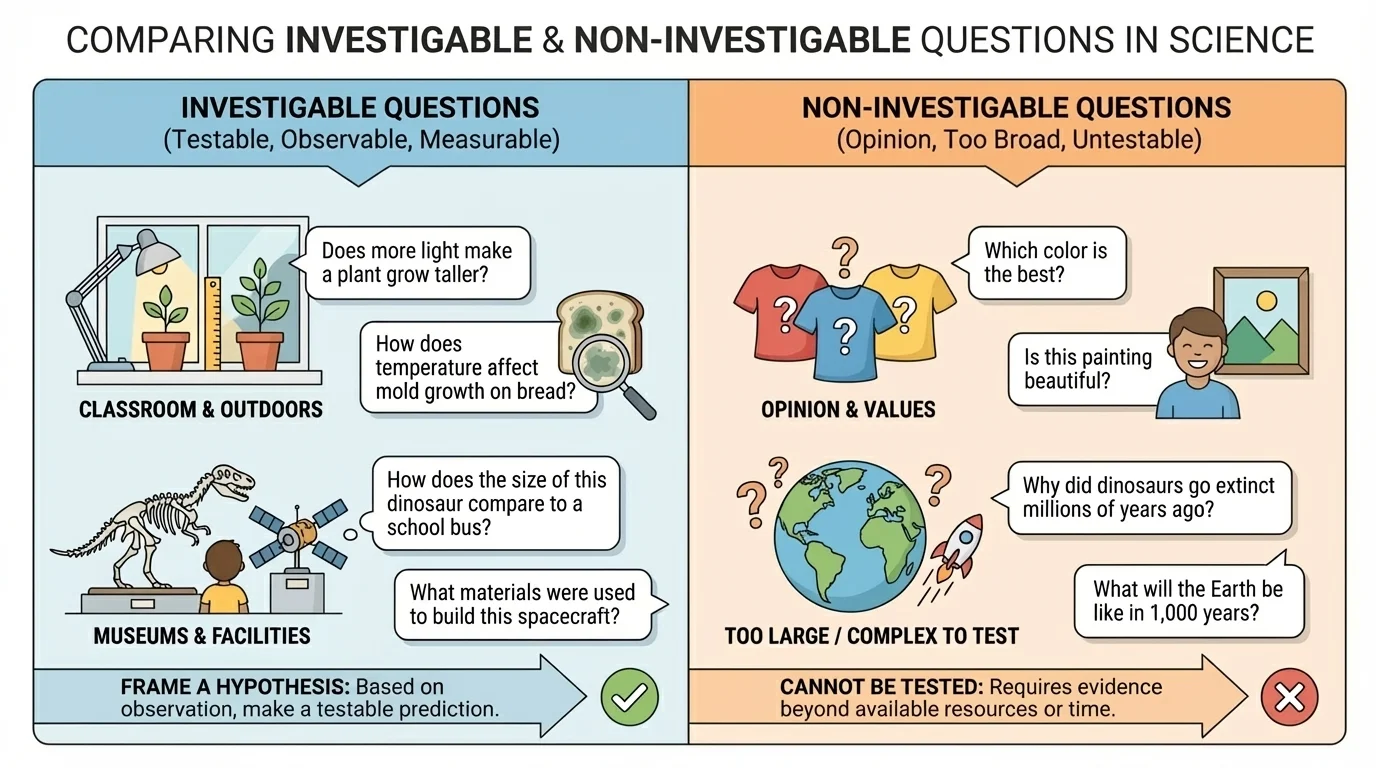 chart comparing investigable questions and non-investigable questions, with examples such as plant growth, mold on bread, opinion questions, and questions too large to test
