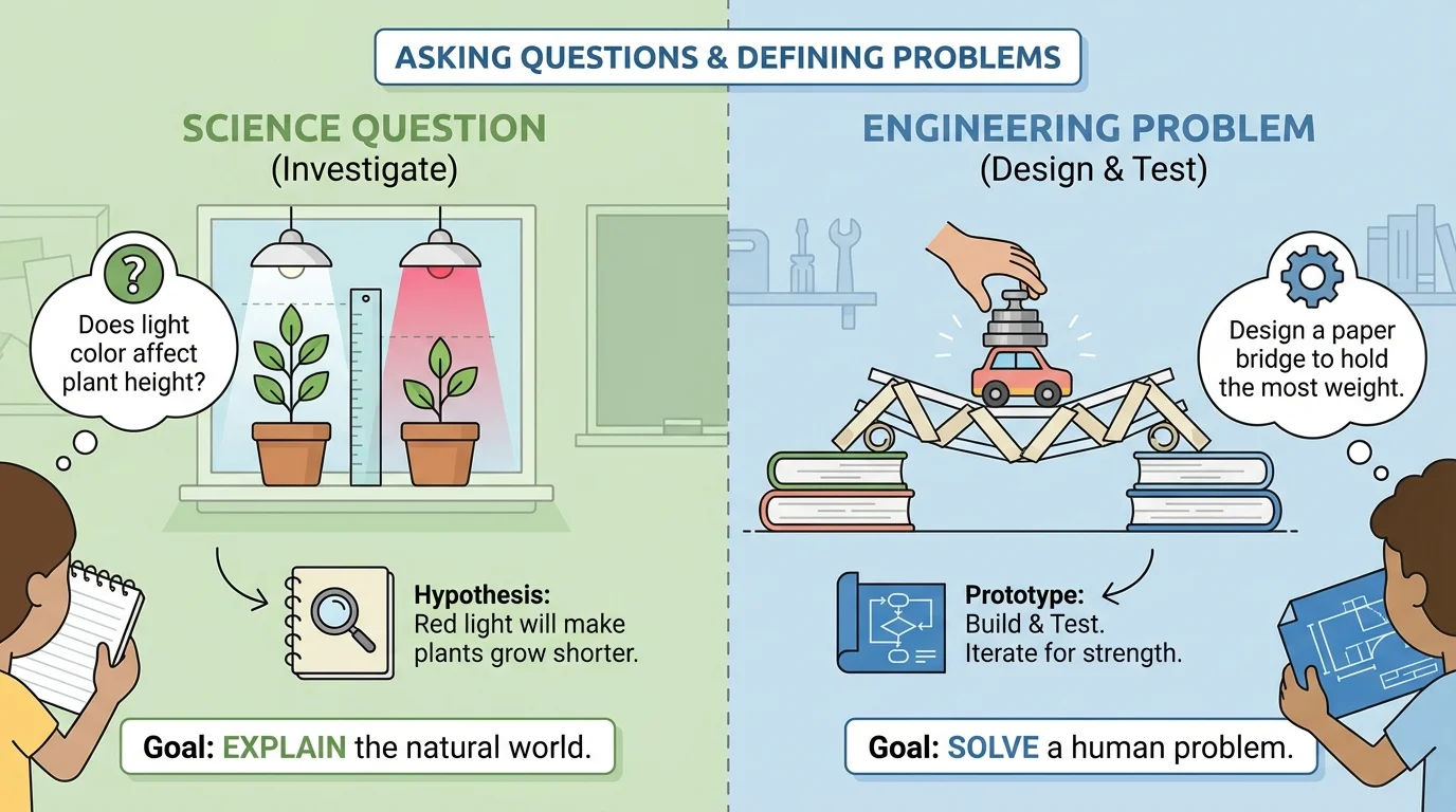 side-by-side comparison of a science question about plant growth and an engineering problem about building a strong paper bridge, with labels showing explain versus solve