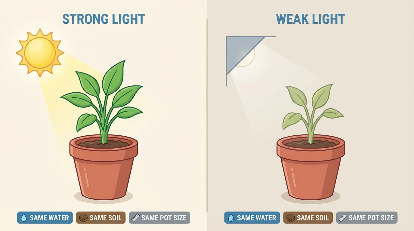 two similar potted plants in equal pots and soil, one in strong light and one in weak light, with labels showing same water, same soil, same pot size, different light