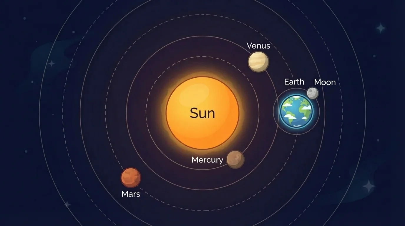 Sun at center with inner planets labeled, Earth highlighted, and Moon orbiting Earth