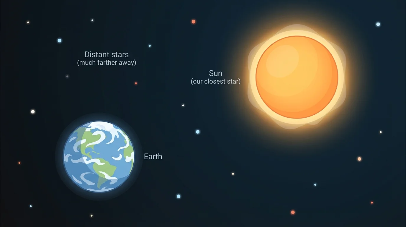 Earth with the Sun relatively nearby and several much farther stars, showing the closer Sun appearing much brighter