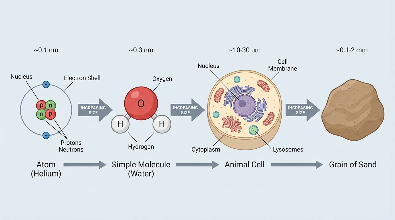 atom, simple molecule, animal cell, and grain of sand arranged from smallest to larger with arrows showing relative size progression