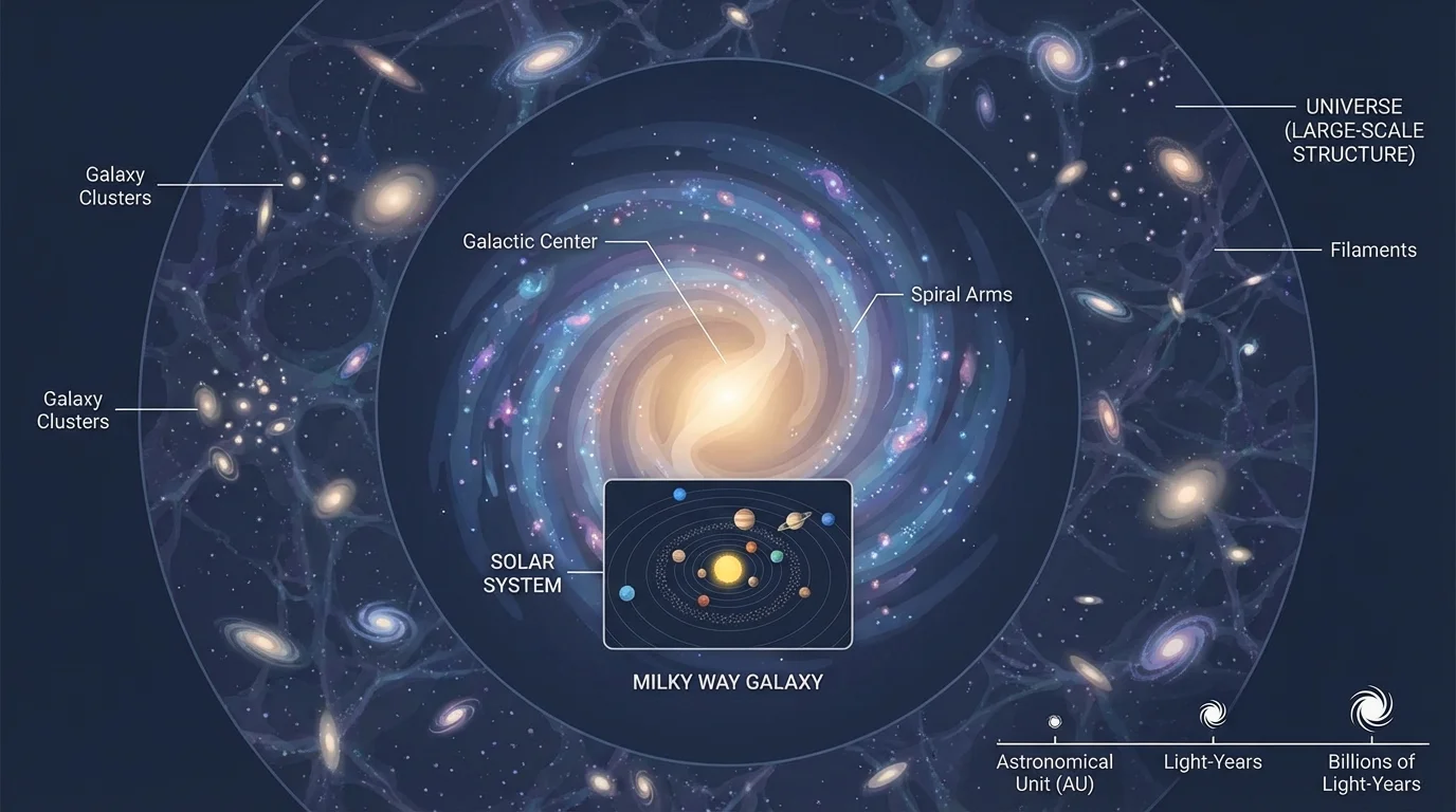nested zoom-out showing solar system inside a spiral galaxy, then many galaxies farther out in the universe