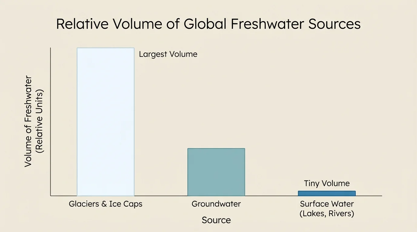 simple bar graph with three bars showing glaciers largest, groundwater next, surface water tiny