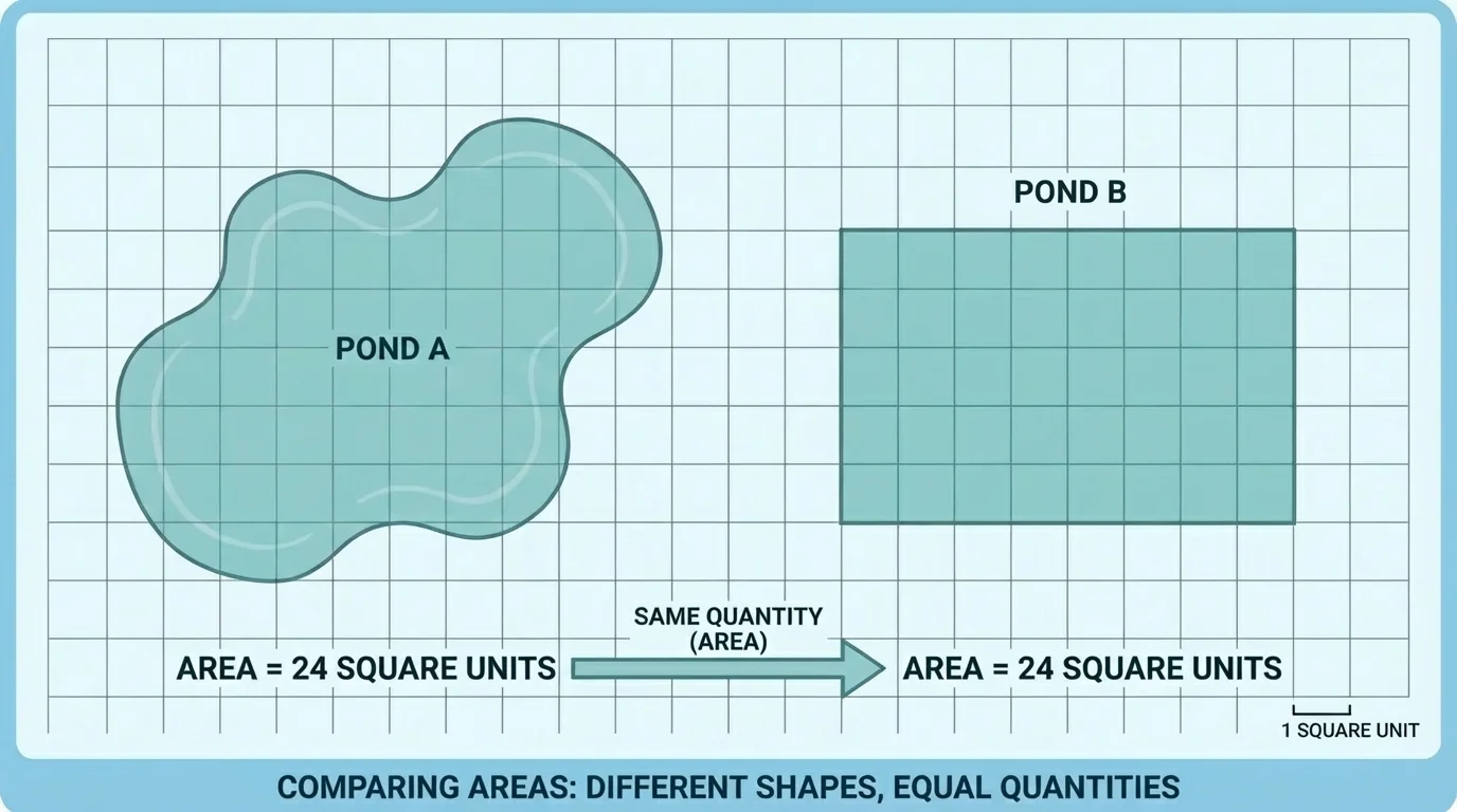 top-view diagram of two differently shaped ponds on a square grid, each covering the same number of squares
