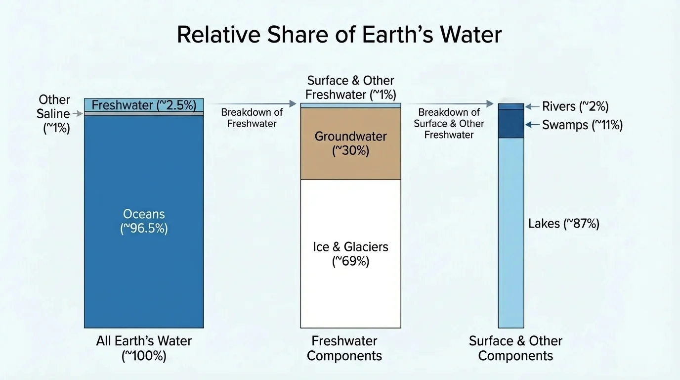 chart comparing oceans, ice, groundwater, lakes, rivers, and atmosphere by relative share of Earth's water