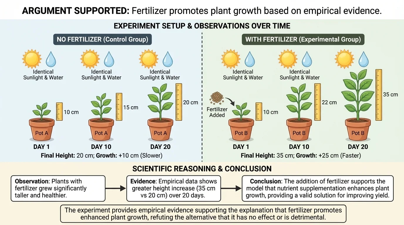Two similar plants in identical pots with same sunlight and water, but only one receives fertilizer; ruler measurements over several days are shown