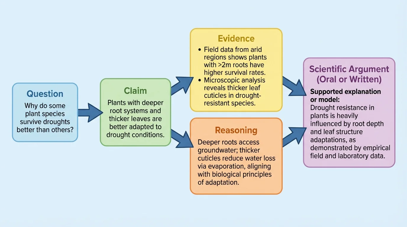 Question leading to claim, evidence, and reasoning boxes connected by arrows, showing how a scientific argument is built