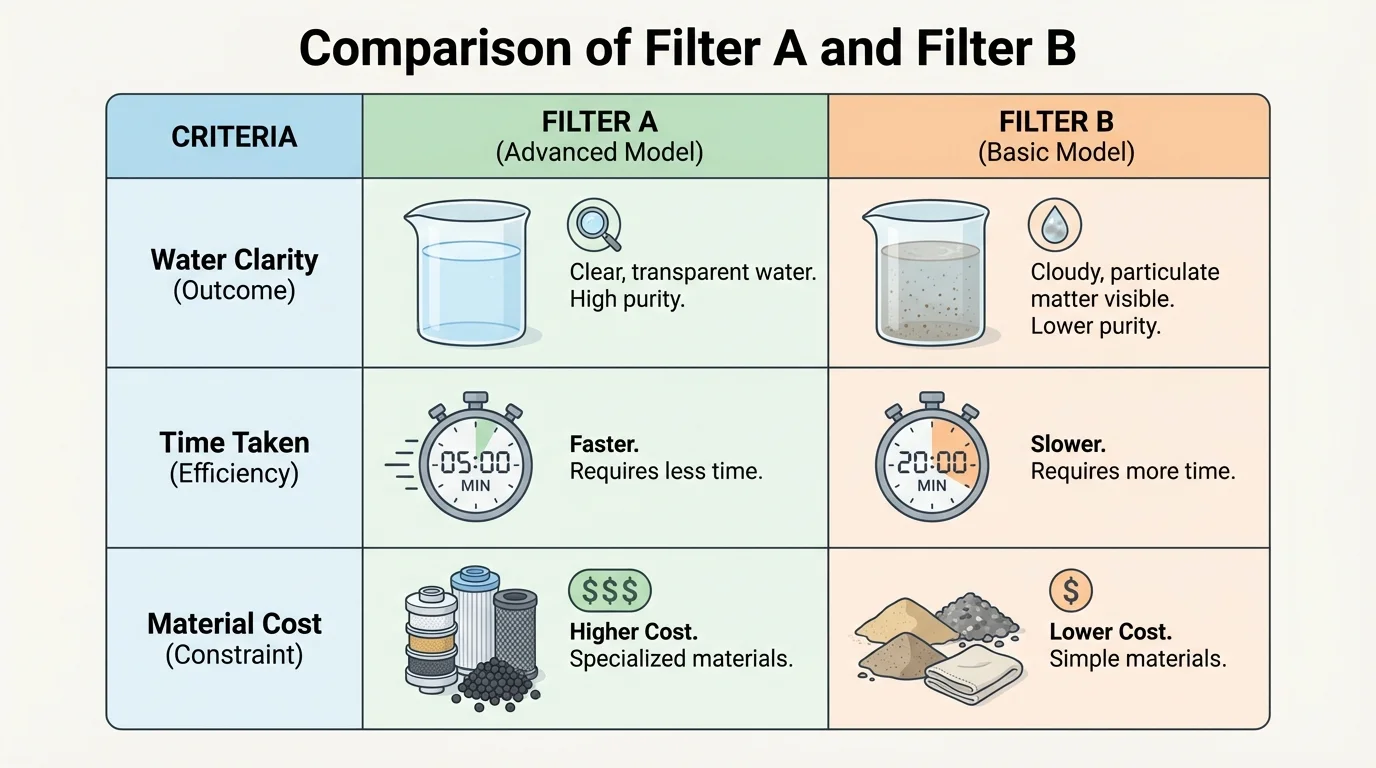 Comparison chart of Filter A and Filter B with rows for water clarity, time taken, and material cost