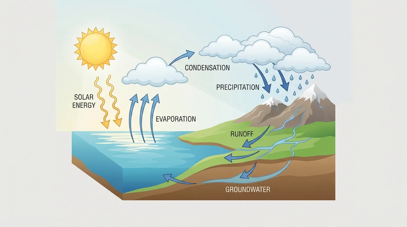 Water cycle diagram with ocean, sun, clouds, rain, evaporation, condensation, precipitation, and runoff arrows