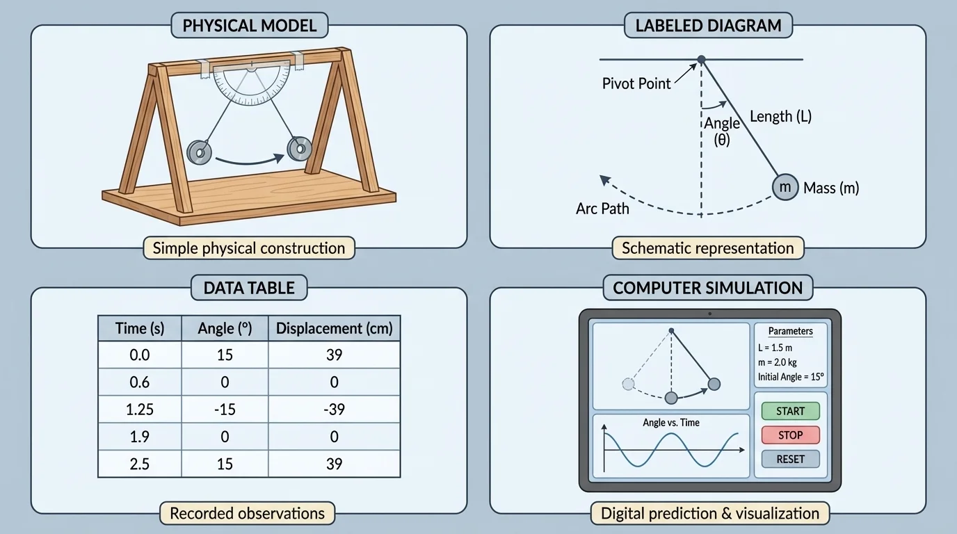 Four-panel comparison of a playground swing represented as a small physical model, labeled diagram, simple data table, and computer simulation screen