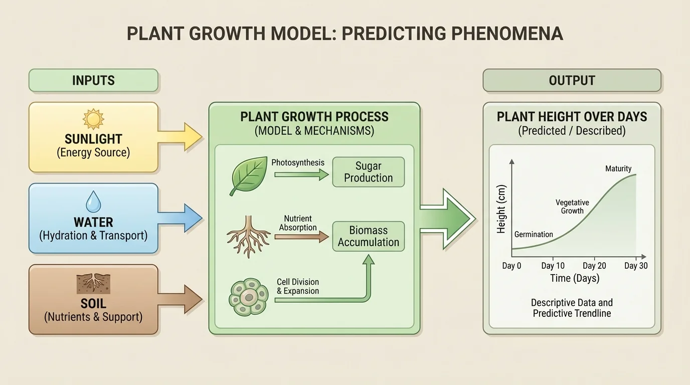 Flowchart of plant growth model with inputs sunlight, water, and soil; output plant height over days; arrows showing relationships