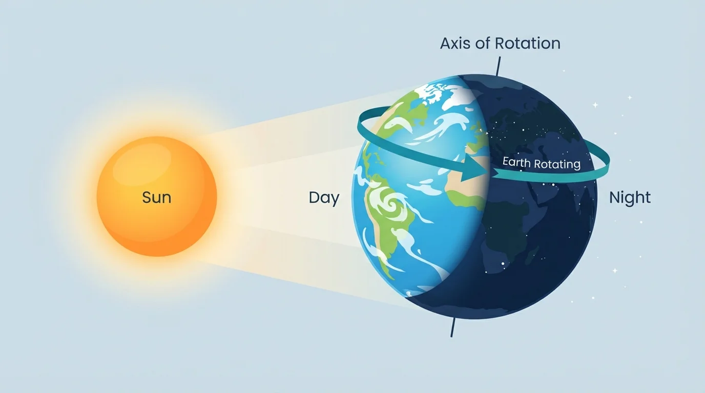 Sun shining on Earth with one half lit, one half dark, and arrow showing Earth rotating to cause day and night