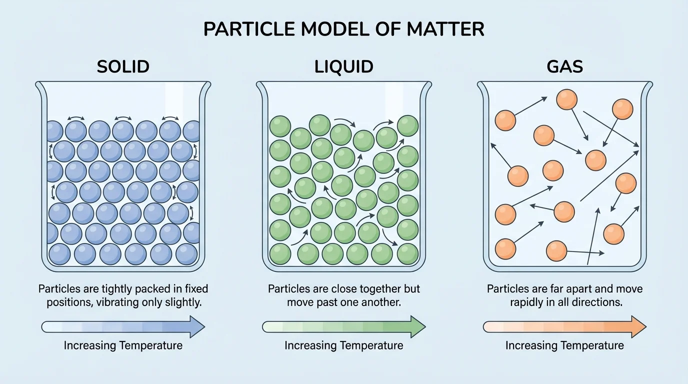particle model showing solid with tightly packed particles, liquid with close sliding particles, and gas with widely spaced particles moving in all directions