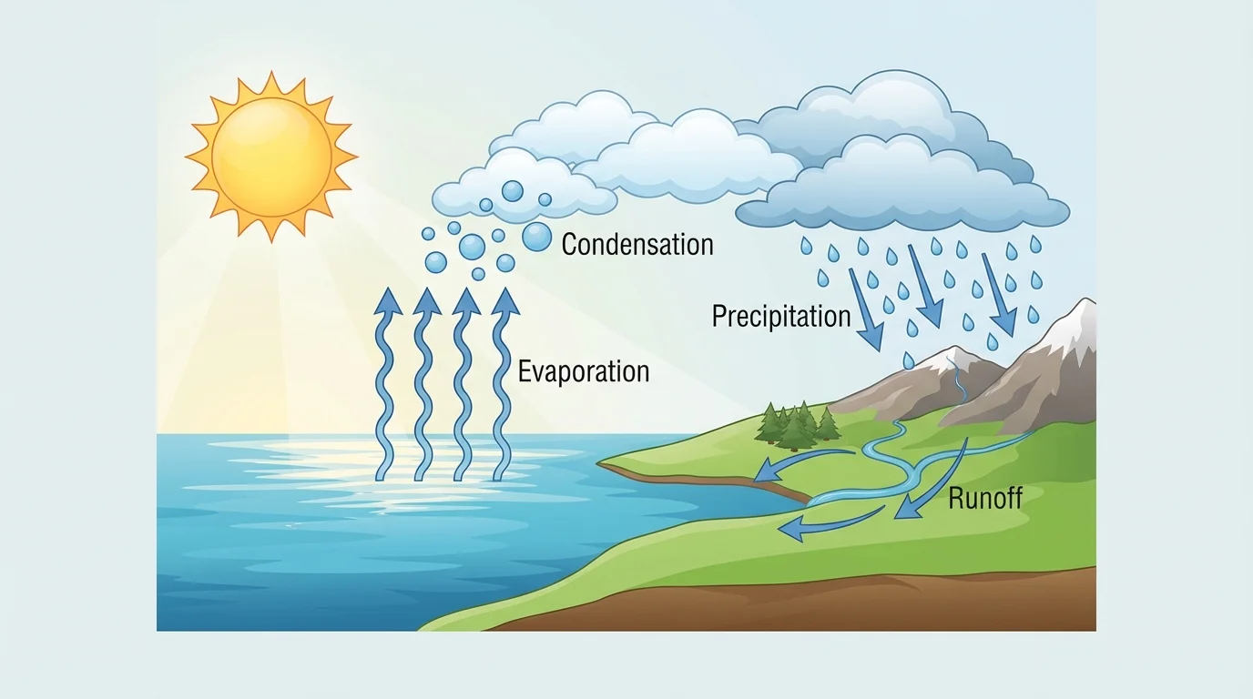 water cycle with Sun heating ocean, arrows for evaporation, clouds for condensation, rain for precipitation, and runoff back to rivers and ocean