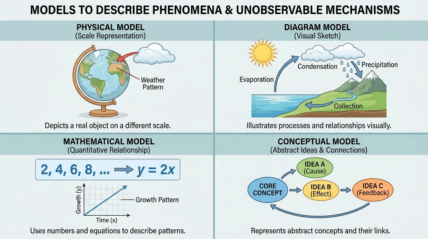comparison chart showing four model types—physical model with globe, diagram model with water cycle sketch, mathematical model with simple number pattern, and conceptual model with labeled idea bubbles