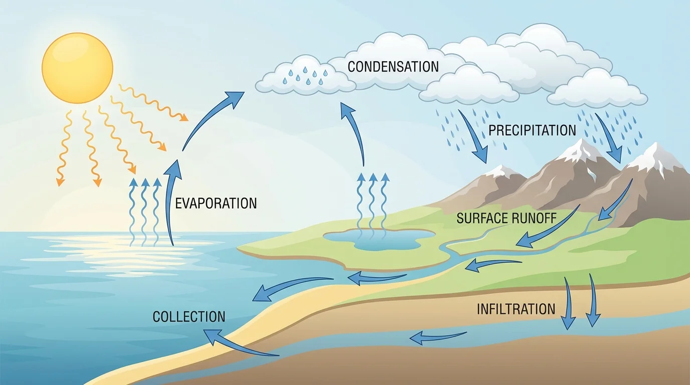 water cycle diagram with evaporation from water, condensation in clouds, precipitation as rain, and runoff arrows over land and water