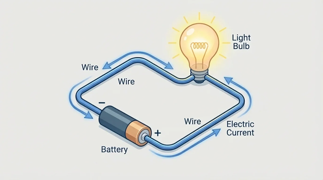 simple electric circuit with battery, two wires, and a bulb lit, arrows showing a closed path