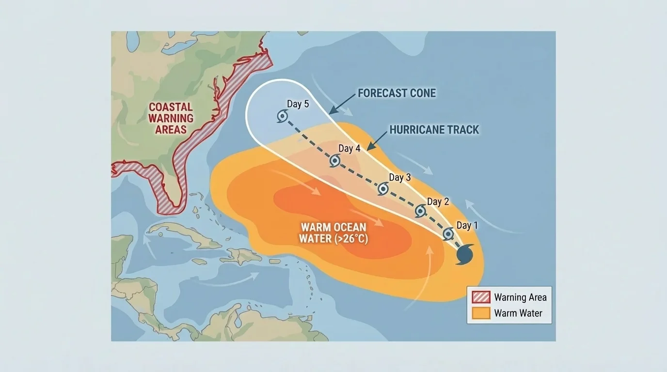 weather map with hurricane track, forecast cone, coastal warning areas, and warm ocean beneath the storm path