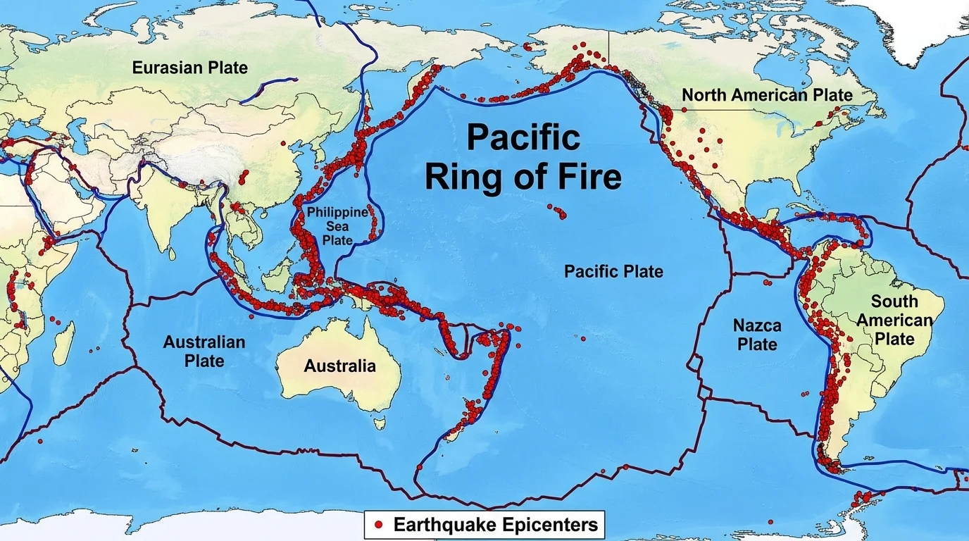 map showing earthquake dots concentrated along tectonic plate boundaries around the Pacific Ring of Fire