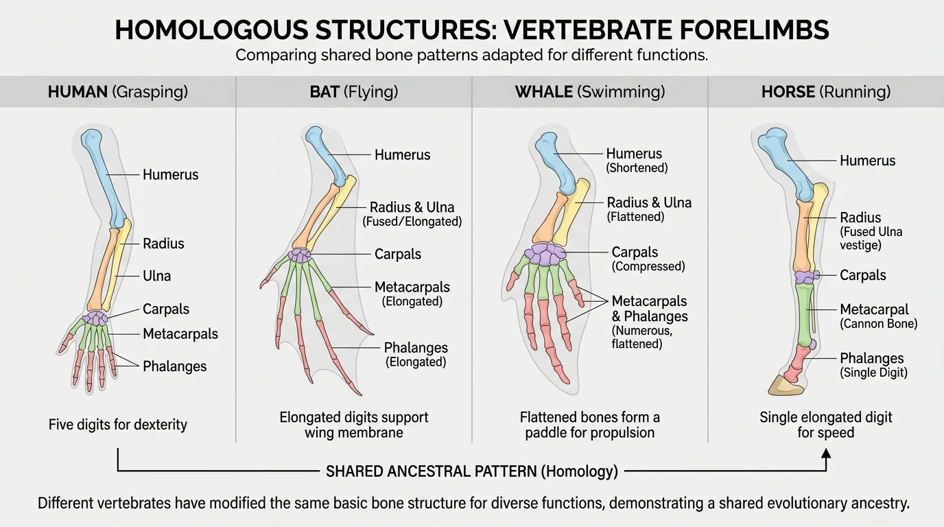 comparison chart of several fossil or vertebrate limb bones with shared and different features labeled clearly