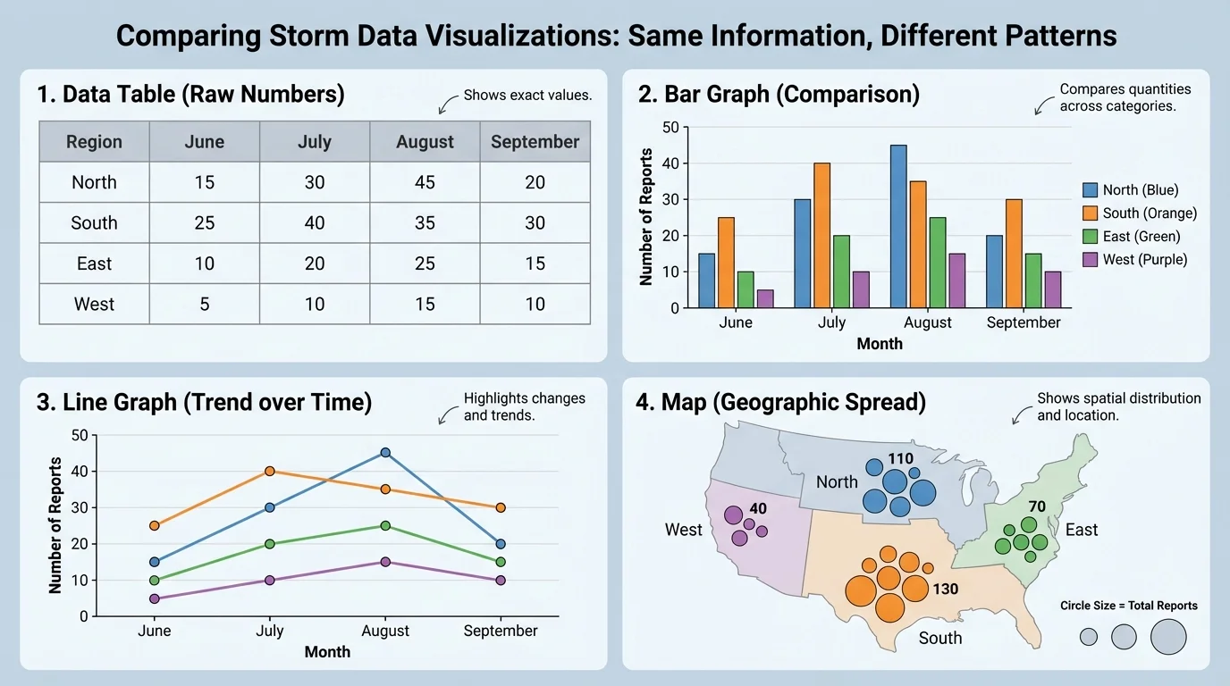 chart comparing a table, bar graph, line graph, and map using storm data to show how the same hazard information looks in different displays