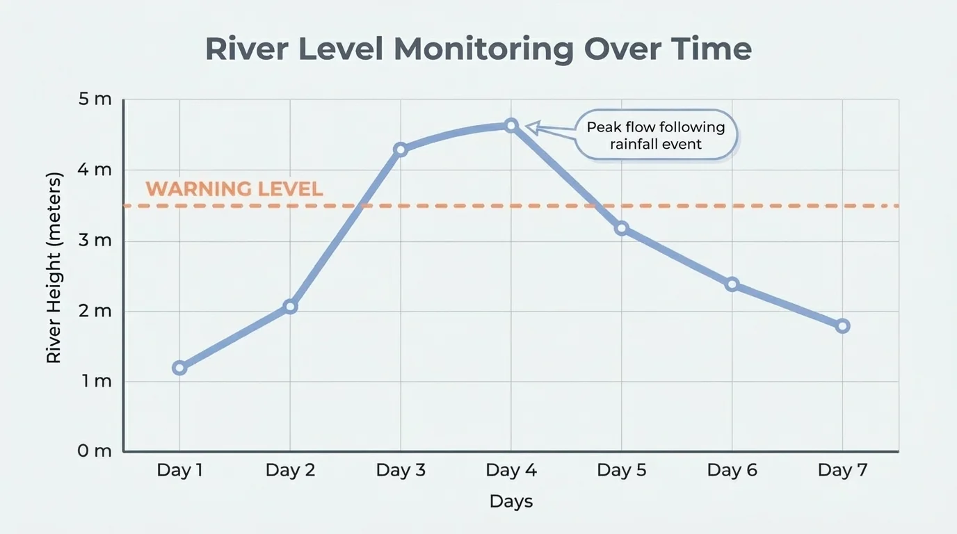 line graph of river height over several days with labeled axes, title, scale marks, units, and a horizontal warning level line