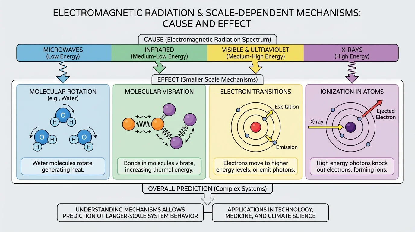 layered diagram showing microwaves causing water molecule rotation, infrared causing molecular vibration, visible and ultraviolet causing electron transitions, and X-rays causing ionization in atoms