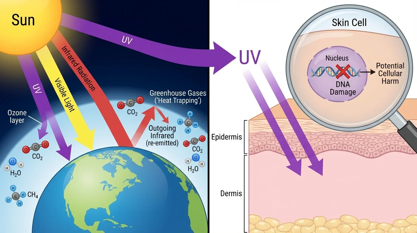 sunlight entering Earth's atmosphere with ozone absorbing much ultraviolet, visible light reaching the surface, infrared absorbed by greenhouse gases, and a side view of human skin showing UV affecting outer layers