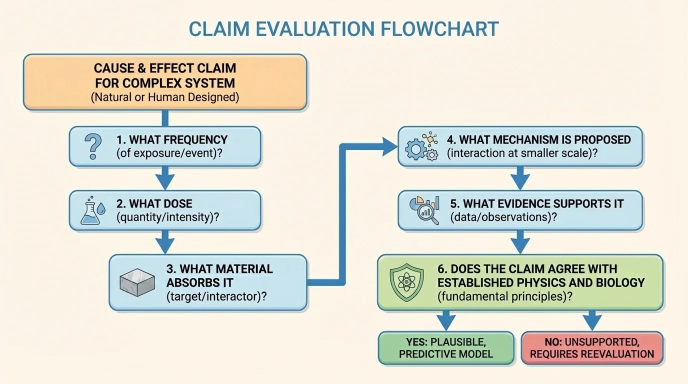 claim evaluation flowchart asking what frequency, what dose, what material absorbs it, what mechanism is proposed, what evidence supports it, and whether the claim agrees with established physics and biology