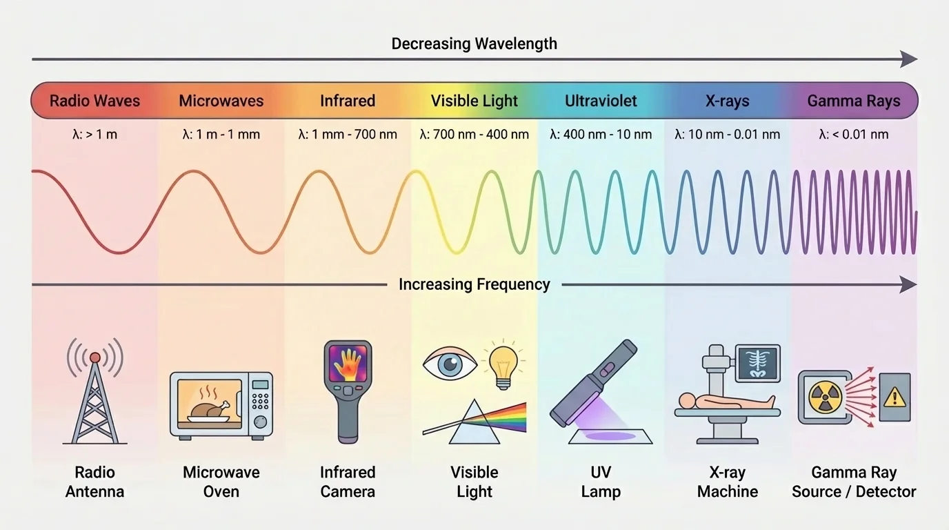 electromagnetic spectrum from radio waves to gamma rays with increasing frequency, decreasing wavelength, and example technologies such as radio antenna, microwave oven, infrared camera, visible light, UV lamp, X-ray machine