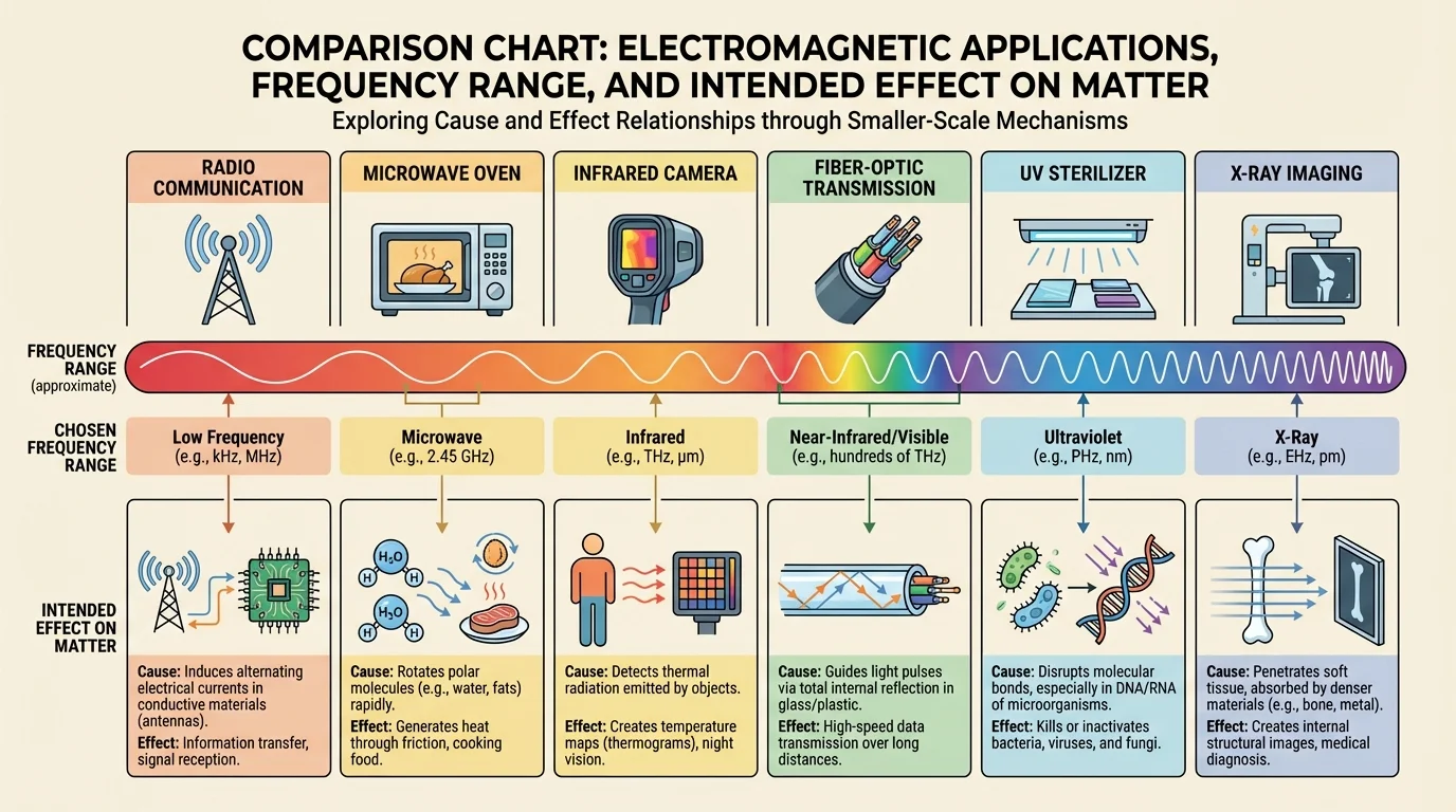 comparison chart of radio communication, microwave oven, infrared camera, fiber-optic transmission, UV sterilizer, and X-ray imaging with chosen frequency range and intended effect on matter