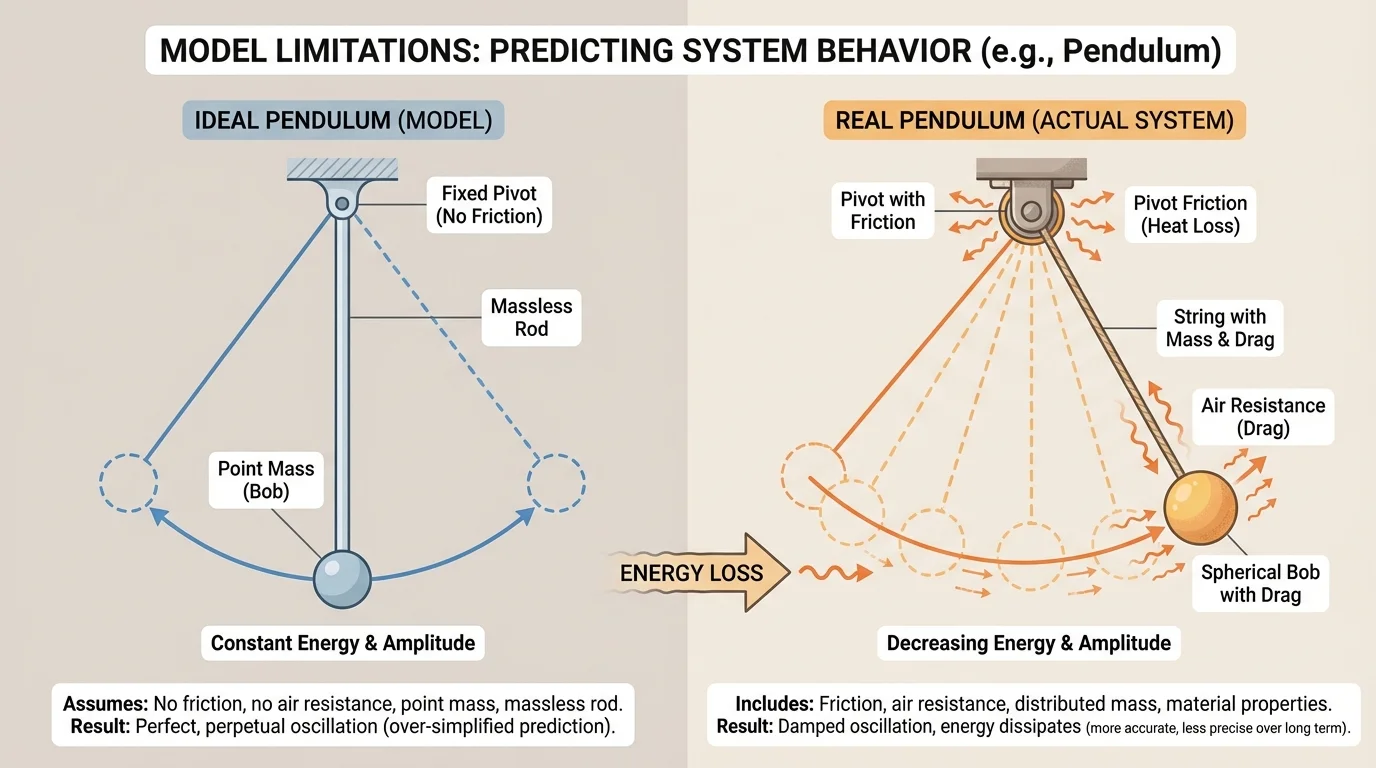 side-by-side ideal pendulum and real pendulum, with labels for air resistance and pivot friction causing energy loss