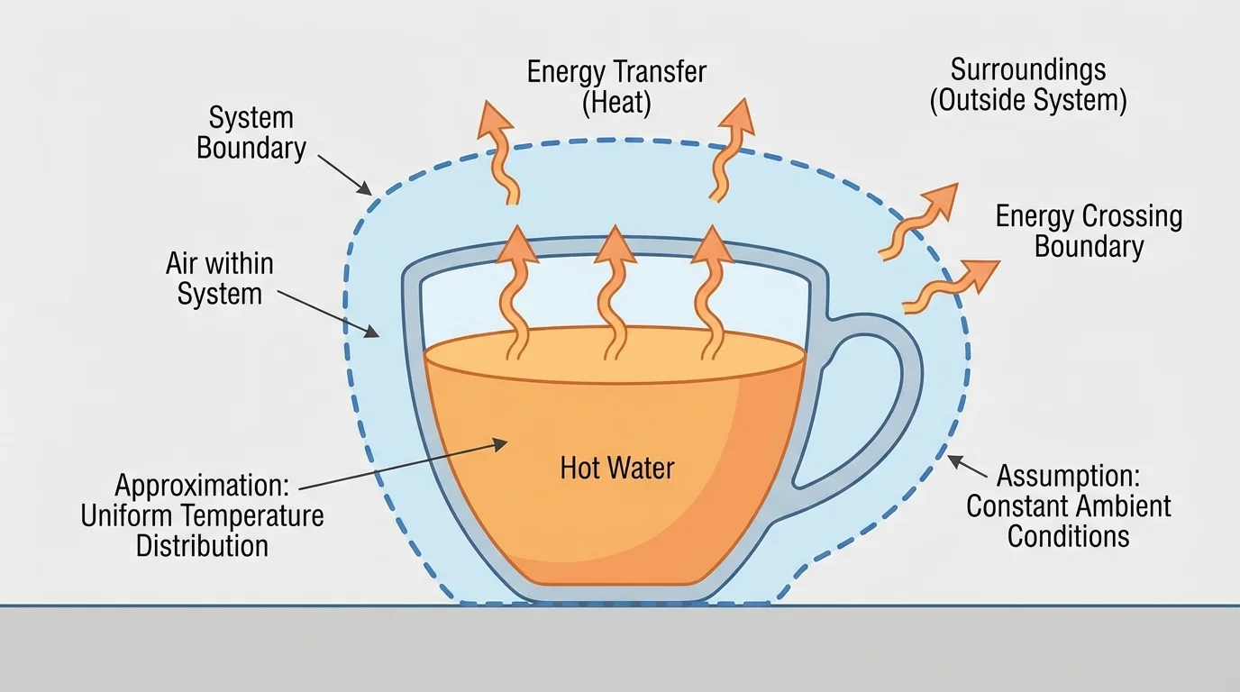system boundary around a hot cup and nearby air, with arrows showing energy leaving hot water, entering air, and crossing the system boundary