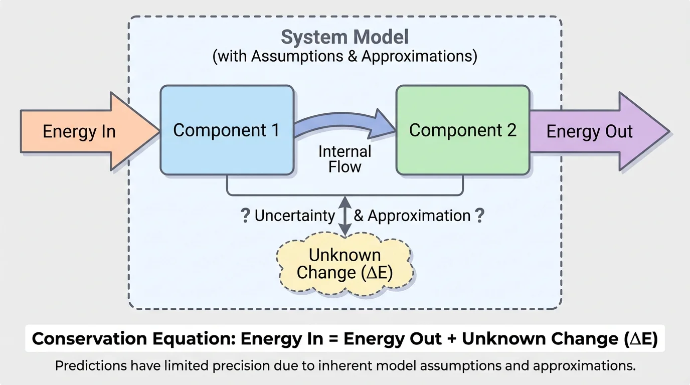 energy accounting flowchart with Component 1, Component 2, Energy In, Energy Out, and the unknown change solved by conservation