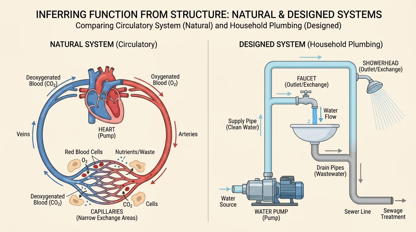 side-by-side comparison of circulatory system and household plumbing, showing pump, branching tubes, narrow exchange areas or outlets, and direction of flow