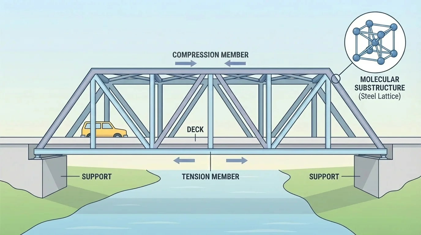 truss bridge with triangular members, deck, supports, and simple labels showing tension members and compression members