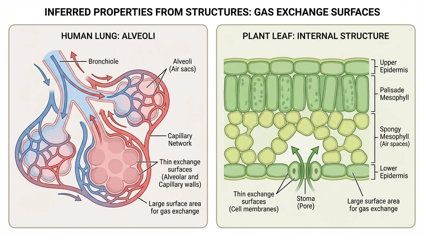 side-by-side comparison of human lung alveoli and internal leaf structure, showing branching passages, many tiny sacs or air spaces, and labels for large surface area and thin exchange surfaces